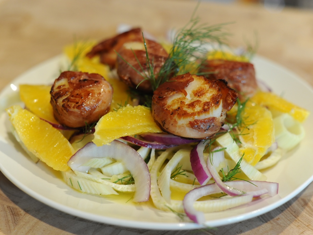 Prosciutto Wrapped Scallops over Shaved Fennel and Orange Salad